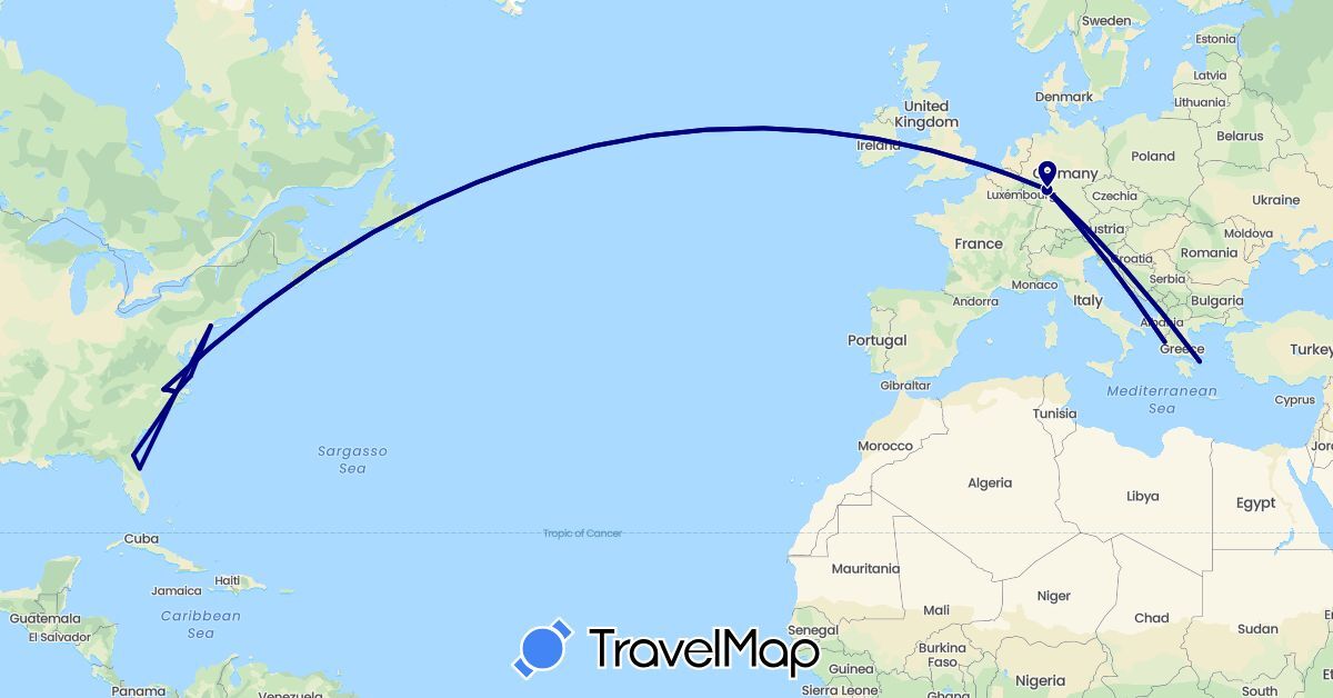 TravelMap itinerary: driving in Germany, Greece, United States (Europe, North America)